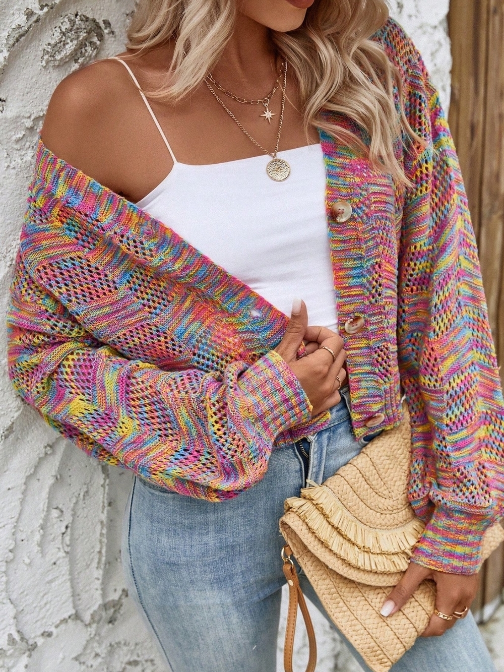 SHEIN Multicolor Rainbow Open-Knit Button Cardigan